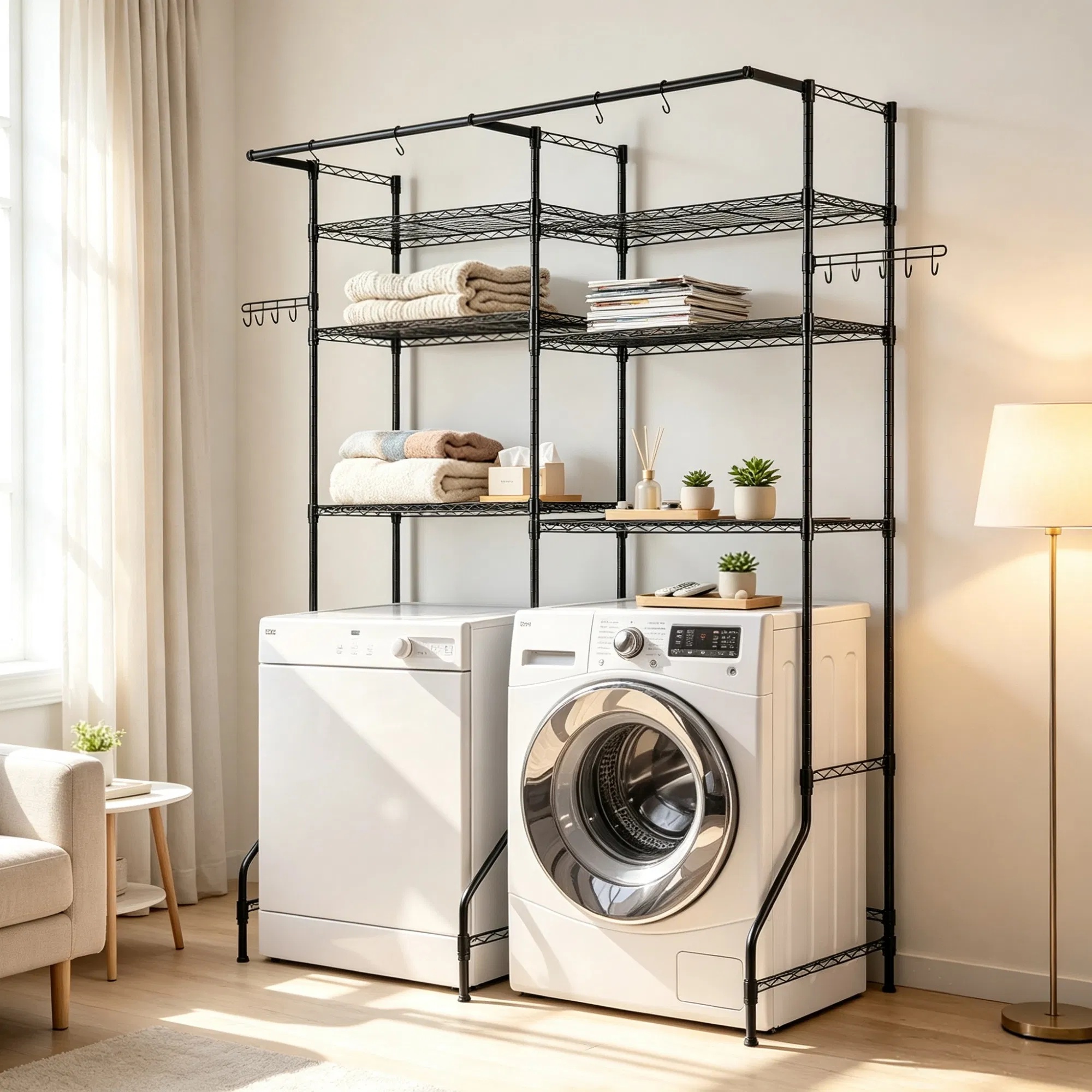 6-Tier Over Washer and Dryer Storage Shelves, Adjustable Laundry Room Organizer with Hanger Rod & Hooks - Image 4