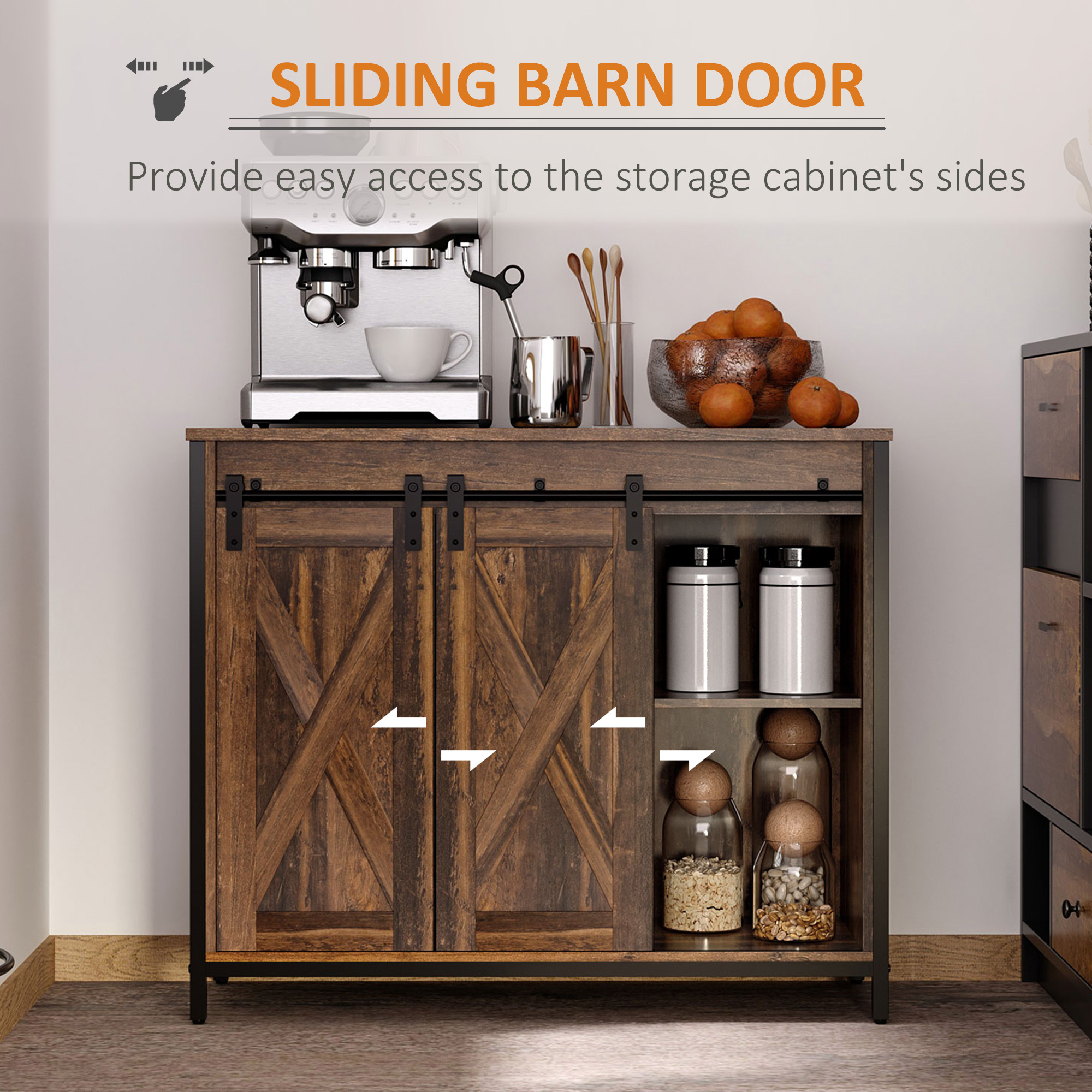 Industrial Sideboard Buffet Cabinet, Coffee Bar Cabinet, Kitchen Cabinet with Sliding Barn Doors, Storage Cabinets and Adjustable Shelves for Living Room, Home Bar, Rustic Brown - Image 8