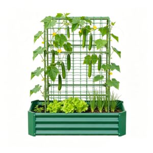 2-in-1 Raised Garden Bed with Trellis - 59" Tall Arch Planter Box for Climbing Plants, Outdoor Galvanized Metal Gardening Bed for Vegetables, Fruits, Flowers (Green, 4x2x1 Ft)