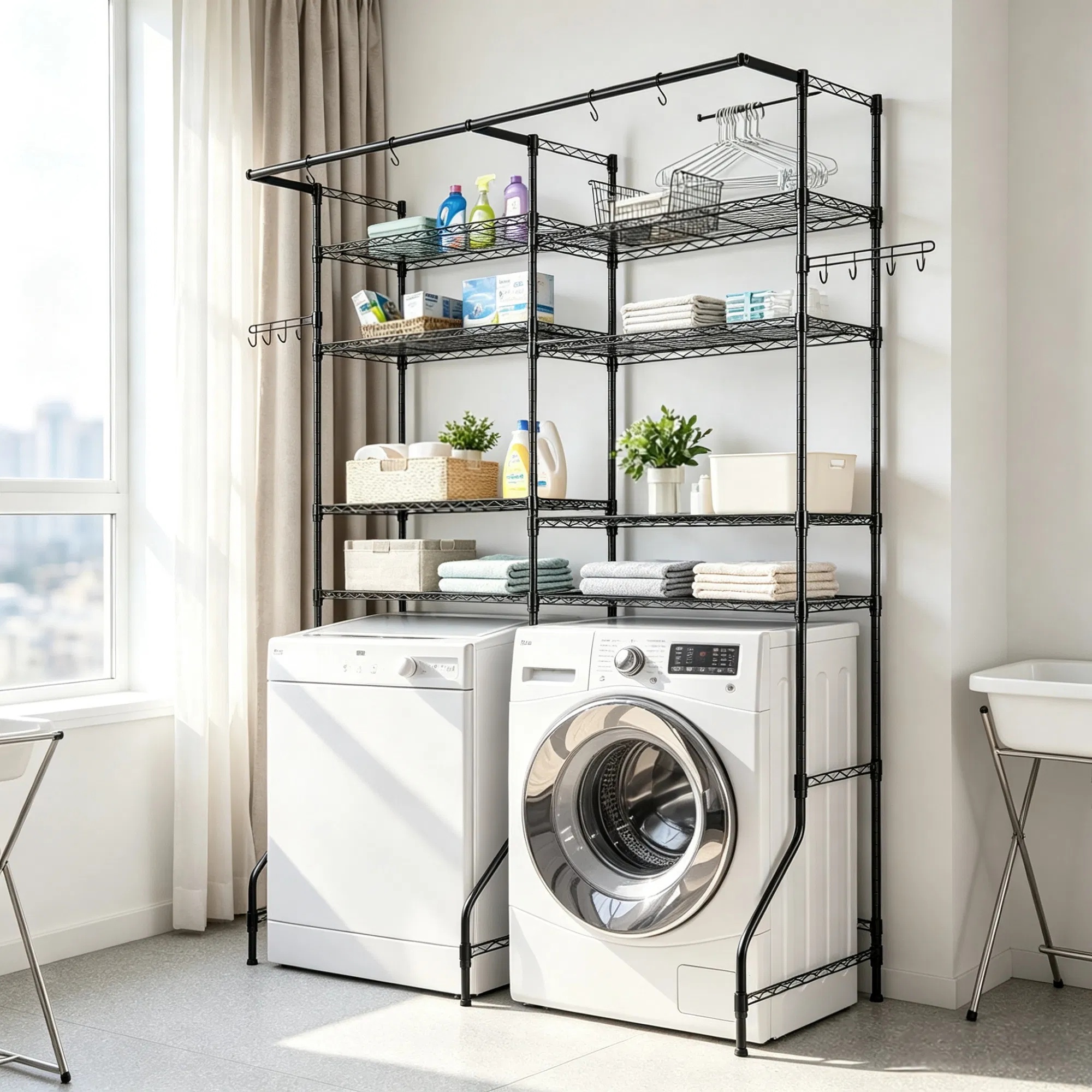 6-Tier Over Washer and Dryer Storage Shelves, Adjustable Laundry Room Organizer with Hanger Rod & Hooks - Image 3