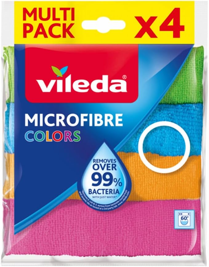 Vileda Microfibre Cloth, Absorbent, Hygienic, Versatile, Durable & Washable 30x30cm - 4 Pcs