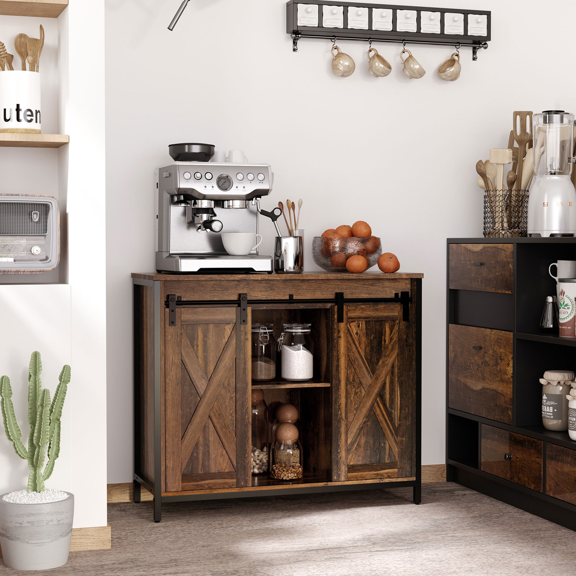 Industrial Sideboard Buffet Cabinet, Coffee Bar Cabinet, Kitchen Cabinet with Sliding Barn Doors, Storage Cabinets and Adjustable Shelves for Living Room, Home Bar, Rustic Brown - Image 2