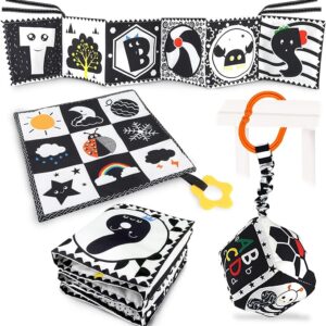 KUANGO 3 Pcs Black and White High Contrast Baby Toys, Newborn to 3 Months, Montessori Sensory Soft Book for Early Education, Infant Tummy Time Toys, Baby Gifts