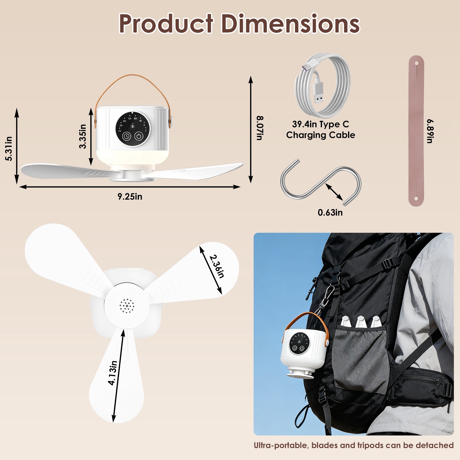 1Pc Tent Ceiling Fan With Light 7200mah Rechargeable Battery Operated Hanging Canopy Fan With Remote Control 4 Wind Speeds 3 Brightness Standard Type - Image 2