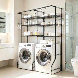 6-Tier Over Washer and Dryer Storage Shelves, Adjustable Laundry Room Organizer with Hanger Rod & Hooks