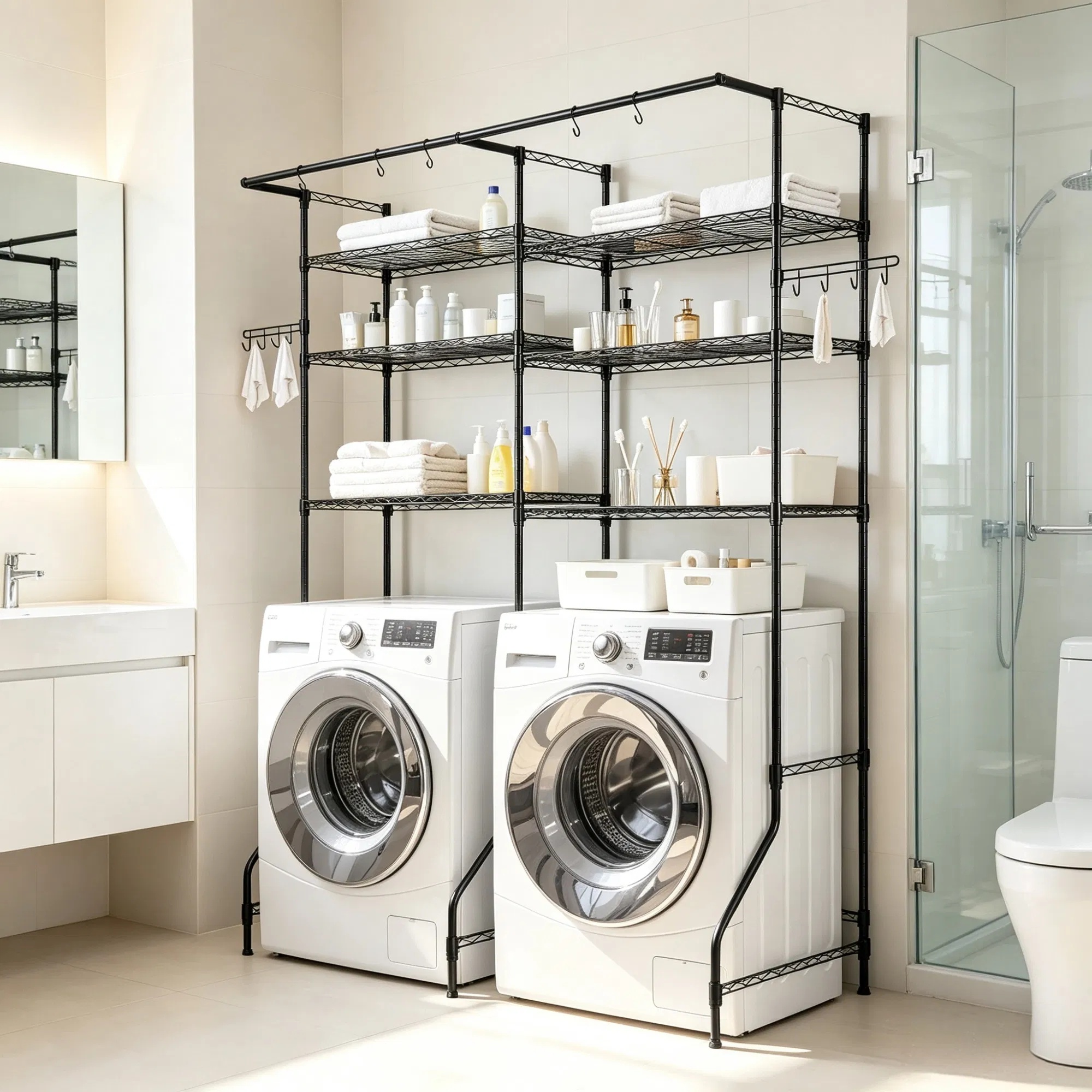 6-Tier Over Washer and Dryer Storage Shelves, Adjustable Laundry Room Organizer with Hanger Rod & Hooks