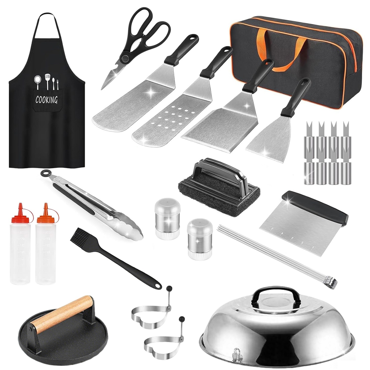31Pcs Griddle Accessories Kit Flat Top Grill Accessories For Camp Chef With Spatulas Griddle Press Basting Cover Spice Shakers Vegetable Forks Steel Sticks Egg Rings Storage Bag - Image 4