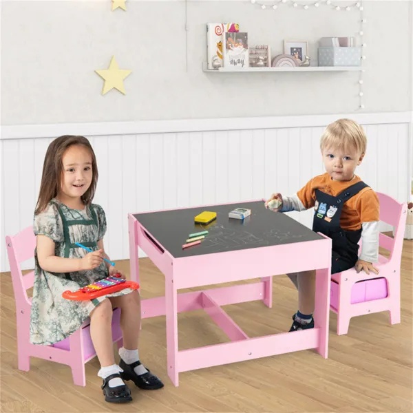 2-in-1 Kids Activity Table And Chairs Set, Double-Sided Whiteboard & Blackboard, With Hidden Storage, Certified Non-Toxic MDF, Perfect Gift For 3-7 Years Old (Pink) - Image 2