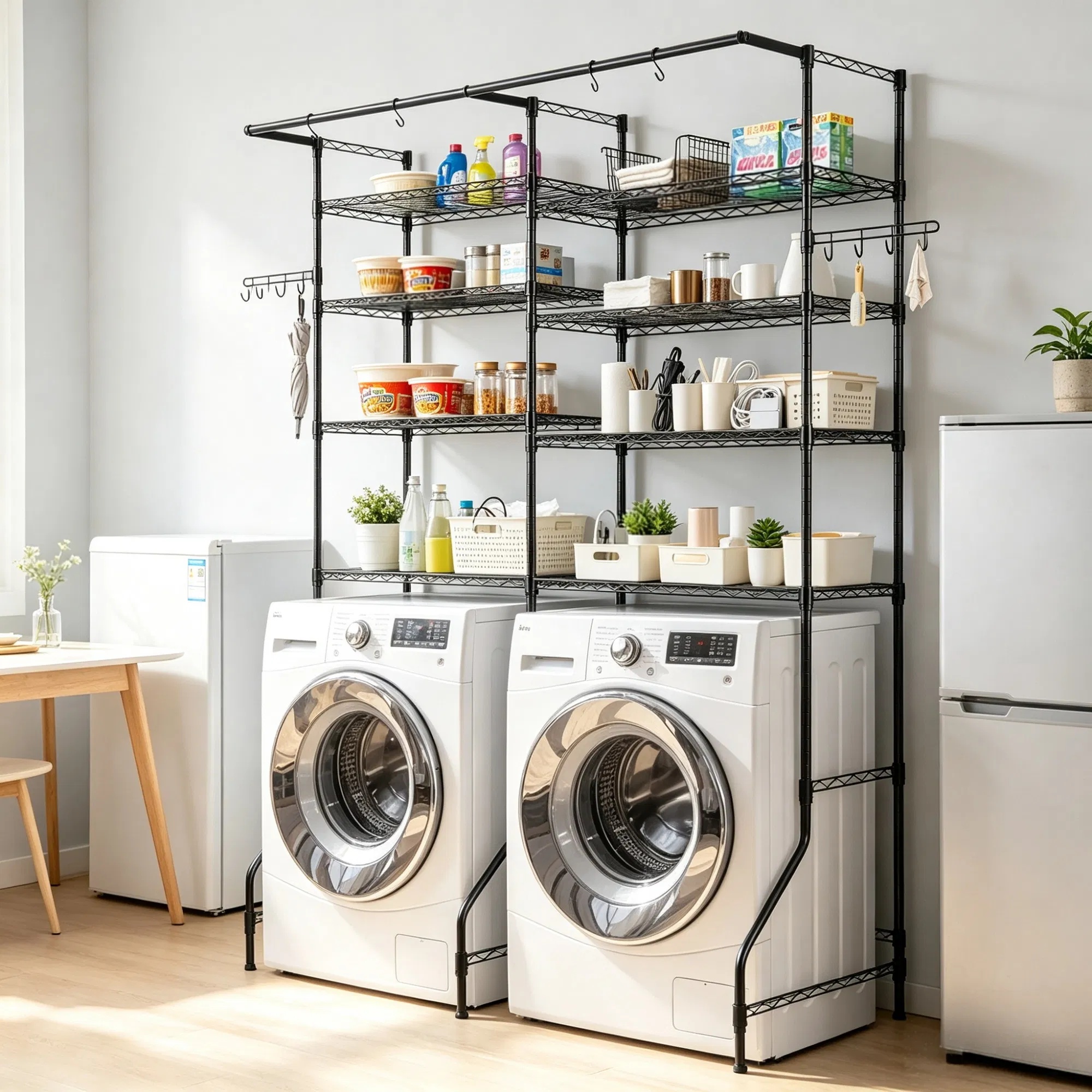 6-Tier Over Washer and Dryer Storage Shelves, Adjustable Laundry Room Organizer with Hanger Rod & Hooks - Image 6