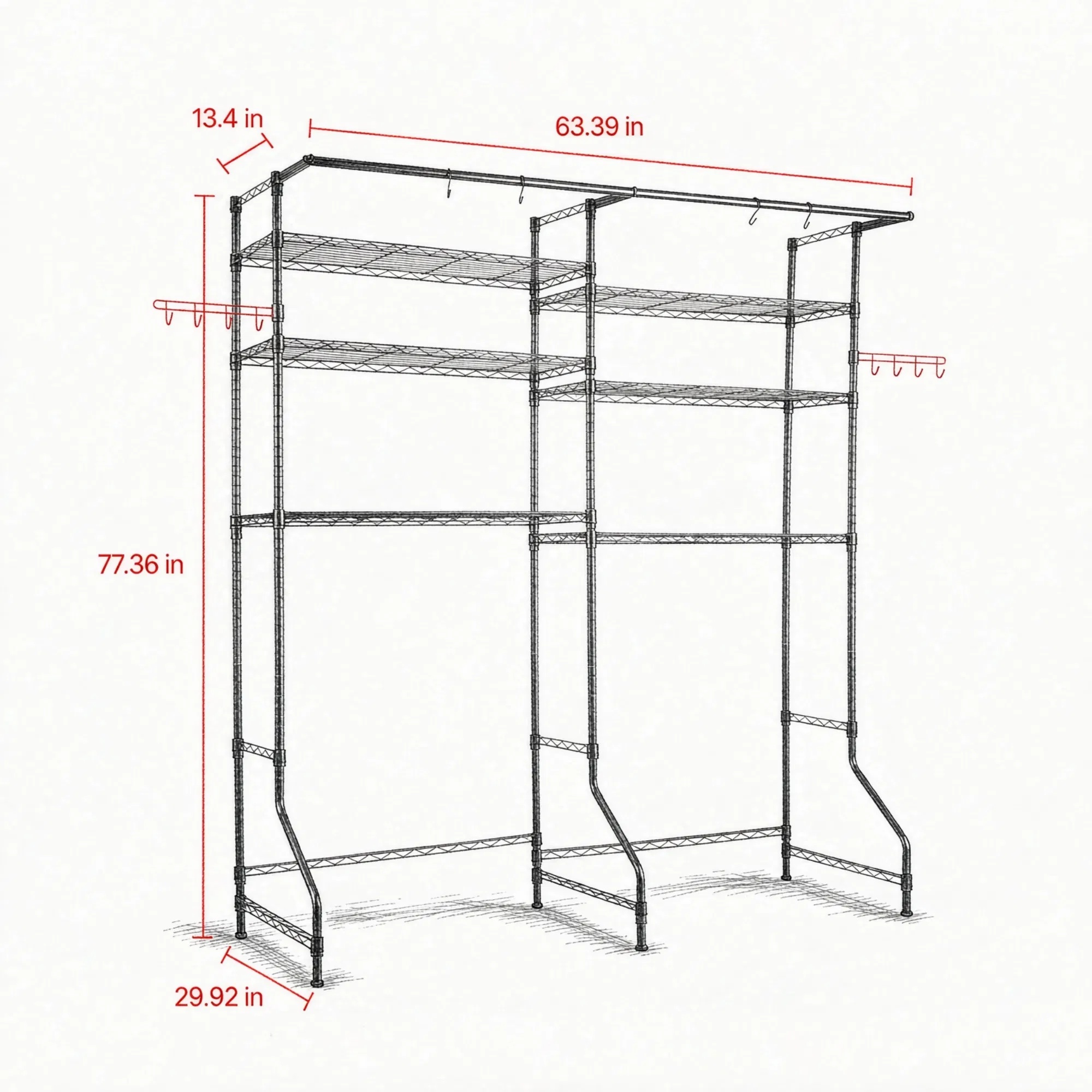 6-Tier Over Washer and Dryer Storage Shelves, Adjustable Laundry Room Organizer with Hanger Rod & Hooks - Image 5