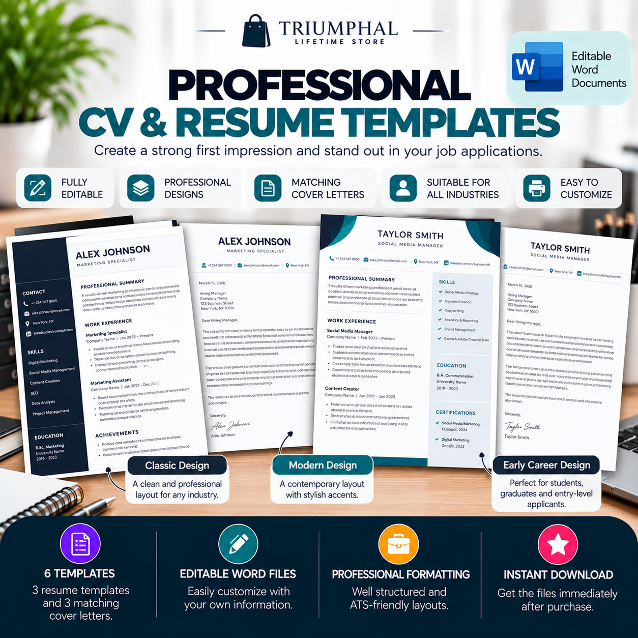Professional CV & Resume Templates | 6 Editable Word Documents