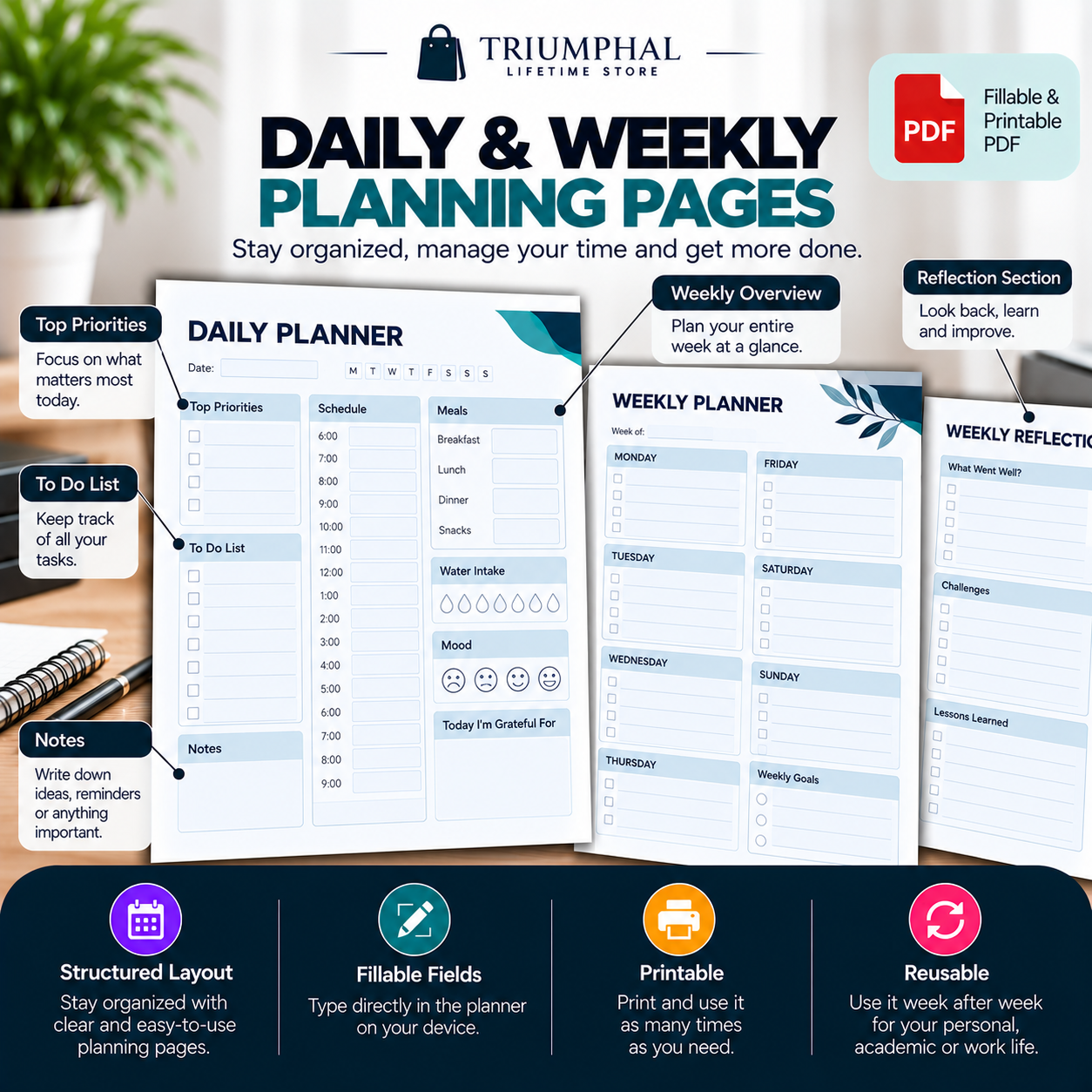 Daily & Weekly Productivity Planner | Fillable & Printable PDF - Image 2
