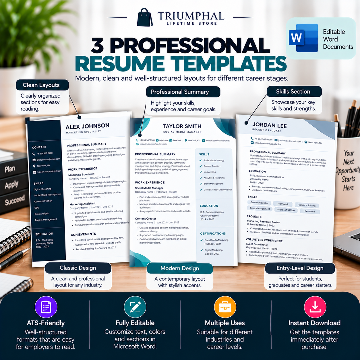 Professional CV & Resume Templates | 6 Editable Word Documents - Image 2