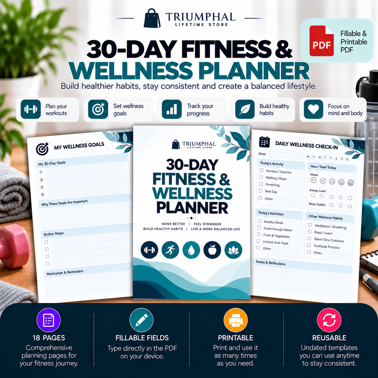 30-Day Fitness & Wellness Planner | Fillable & Printable PDF